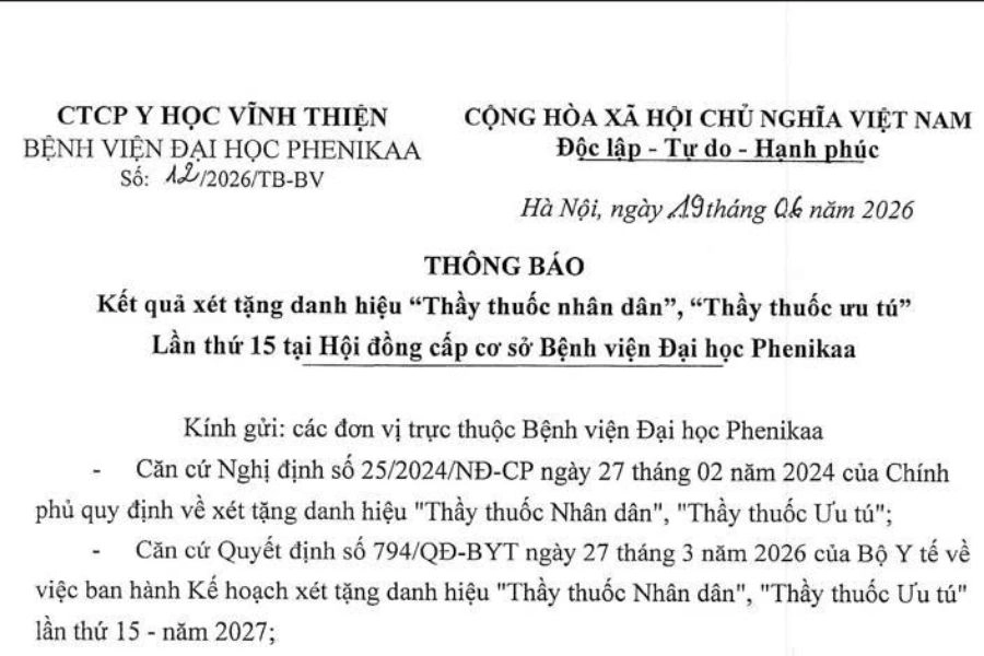 Thông báo kết quả xét tặng danh hiệu Thầy thuốc nhân dân, thầy thuốc ưu tú lần thứ 15 tại Hội đồng cấp cơ sở Bệnh viện Đại học Phenikaa 