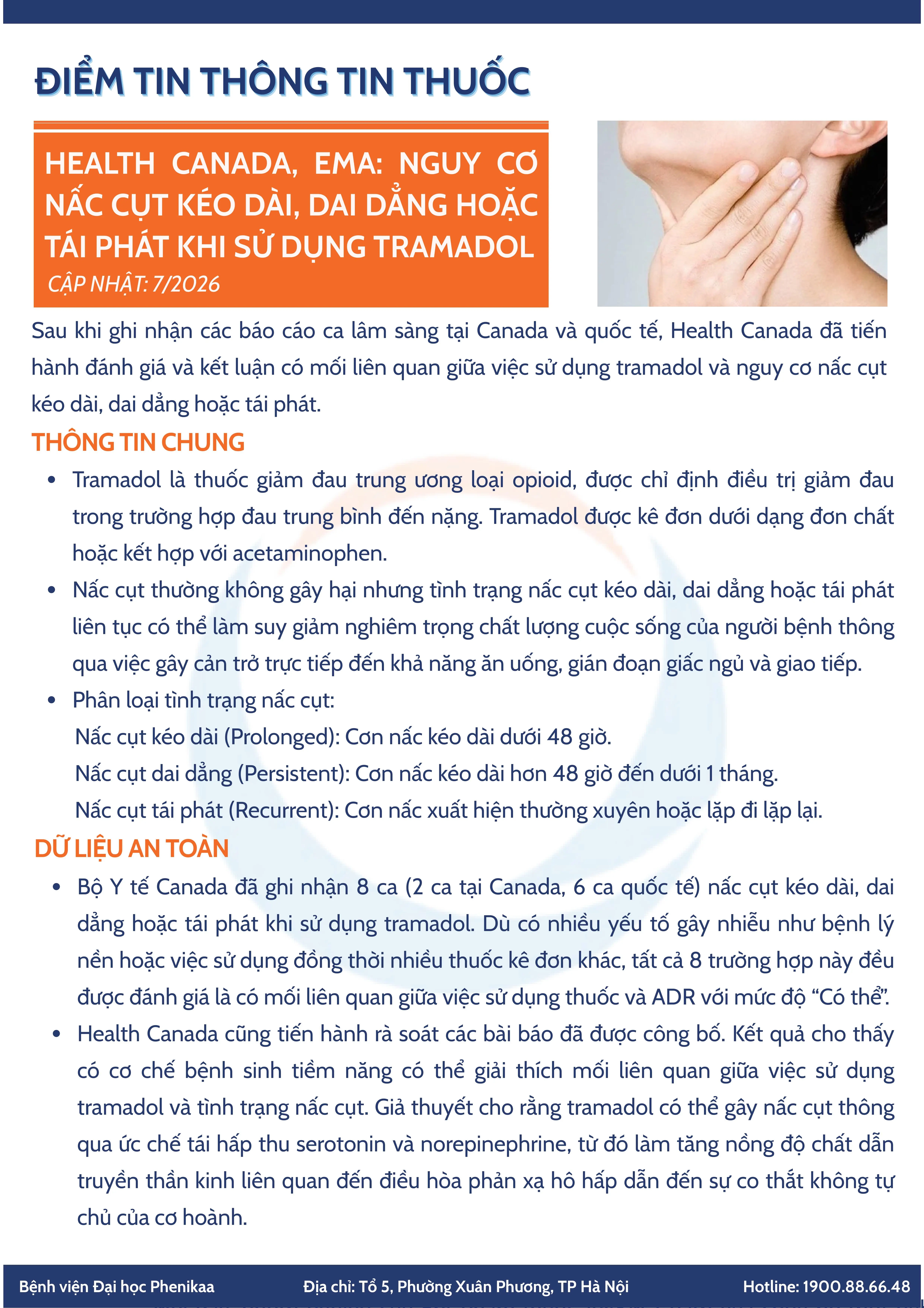 Heath Canada, Ema: Nguy cơ nấc cụt kéo dài dai dẳng hoặc tái phát khi sử dụng Tramadol