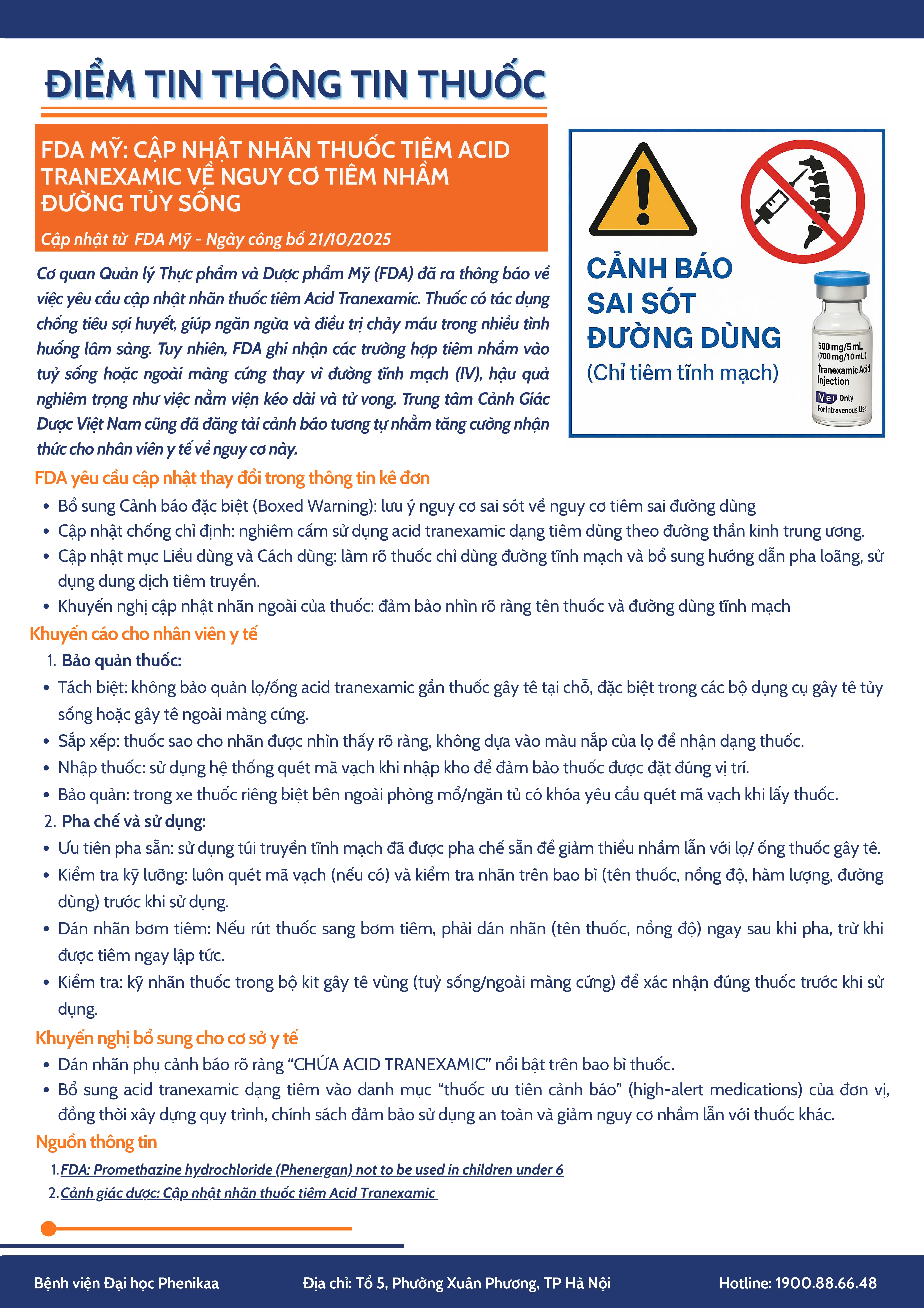 FDA MỸ: CẬP NHẬT NHÃN THUỐC TIÊM ACID TRANEXAMIC VỀ NGUY CƠ TIÊM NHẦM ĐƯỜNG TỦY SỐNG