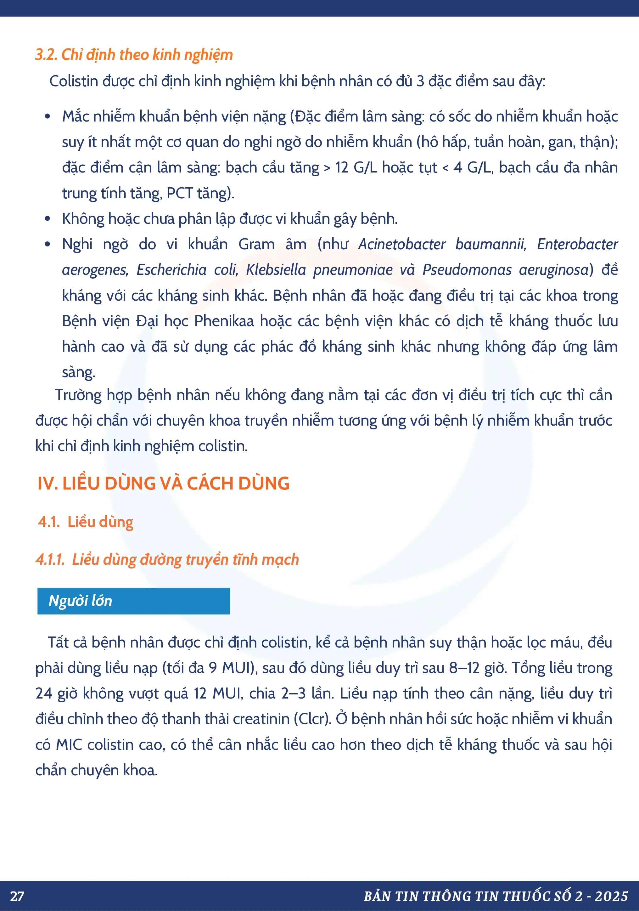 COLISTIN – LỰA CHỌN CUỐI TRONG ĐIỀU TRỊ NHIỄM KHUẨN GRAM ÂM ĐA KHÁNG