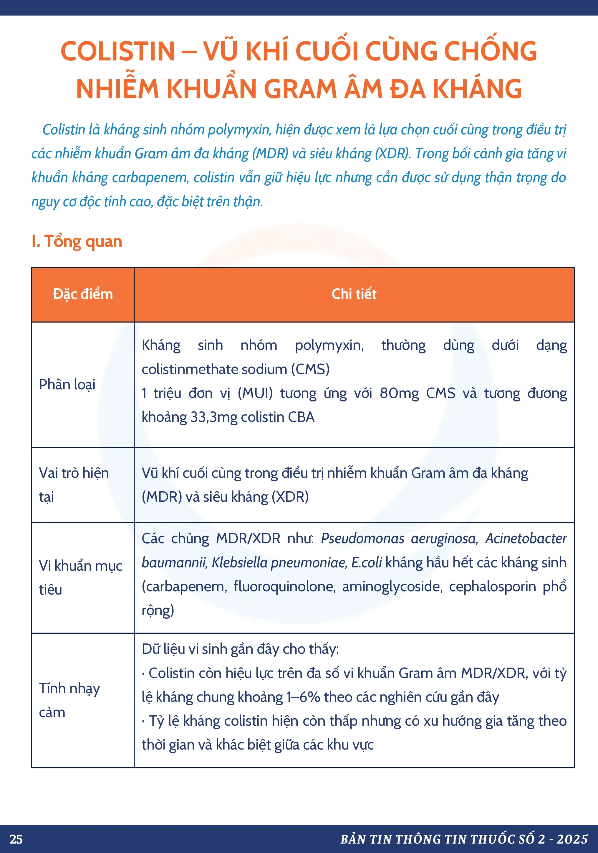 COLISTIN – LỰA CHỌN CUỐI TRONG ĐIỀU TRỊ NHIỄM KHUẨN GRAM ÂM ĐA KHÁNG