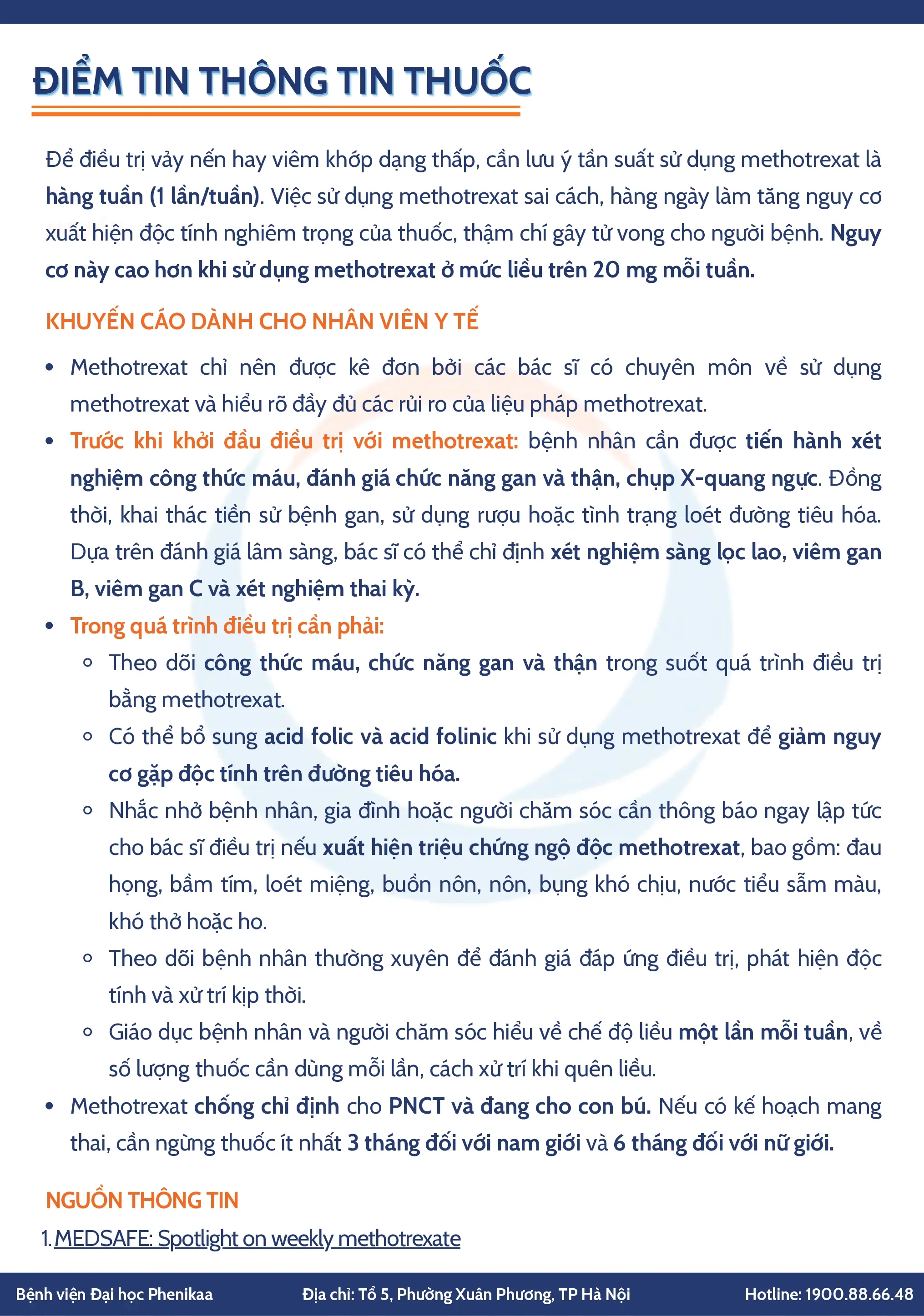 MỘT SỐ ĐIỂM LƯU Ý KHI SỬ DỤNG METHOTREXAT (MEDSAFE)