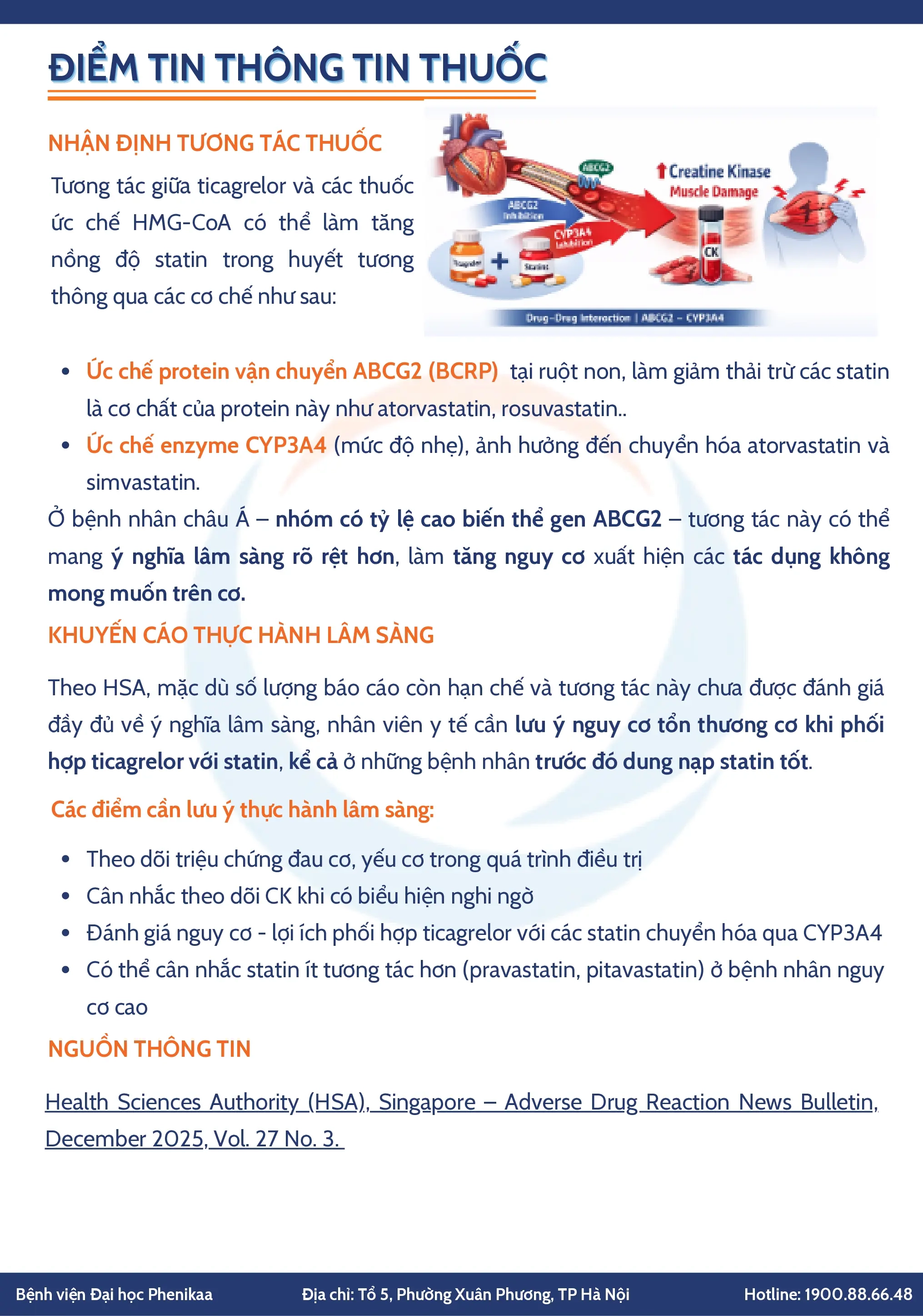 HSA (SINGAPORE): CẢNH BÁO NGUY CƠ TƯƠNG TÁC GIỮA TICAGRELOR VÀ ATORVASTATIN