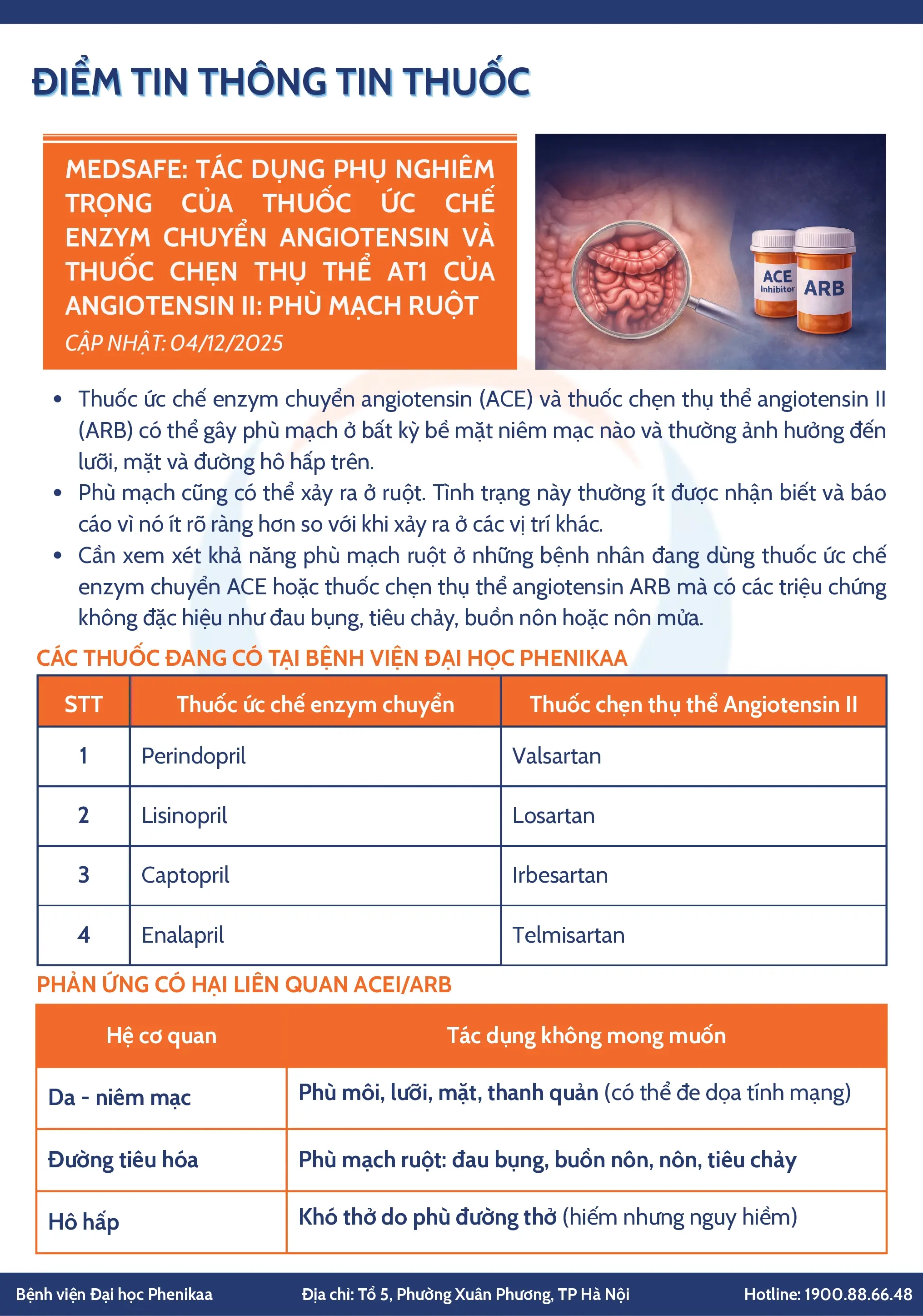 MEDSAFE: TÁC DỤNG PHỤ NGHIÊM TRỌNG CỦA THUỐC ỨC CHẾ ENZYM CHUYỂN ANGIOTENSIN VÀ THUỐC CHẸN THỤ THỂ AT1 CỦA ANGIOTENSIN II: PHÙ MẠCH RUỘT