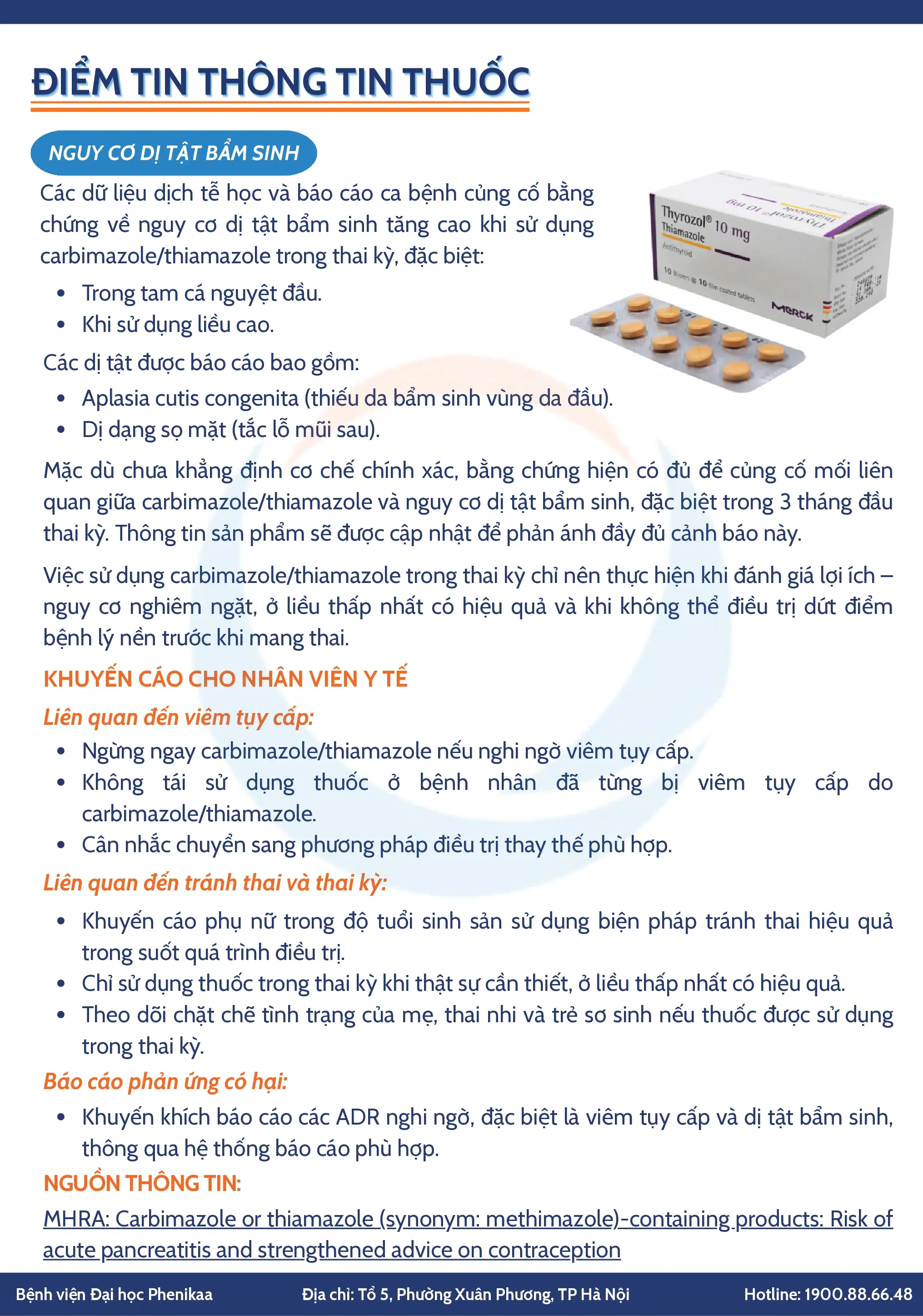 MHRA (UK): CẢNH BÁO NGUY CƠ VIÊM TỤY CẤP VÀ TĂNG CƯỜNG KHUYẾN CÁO TRÁNH THAI KHI SỬ DỤNG CARBIMAZOLE HOẶC THIAMAZOLE