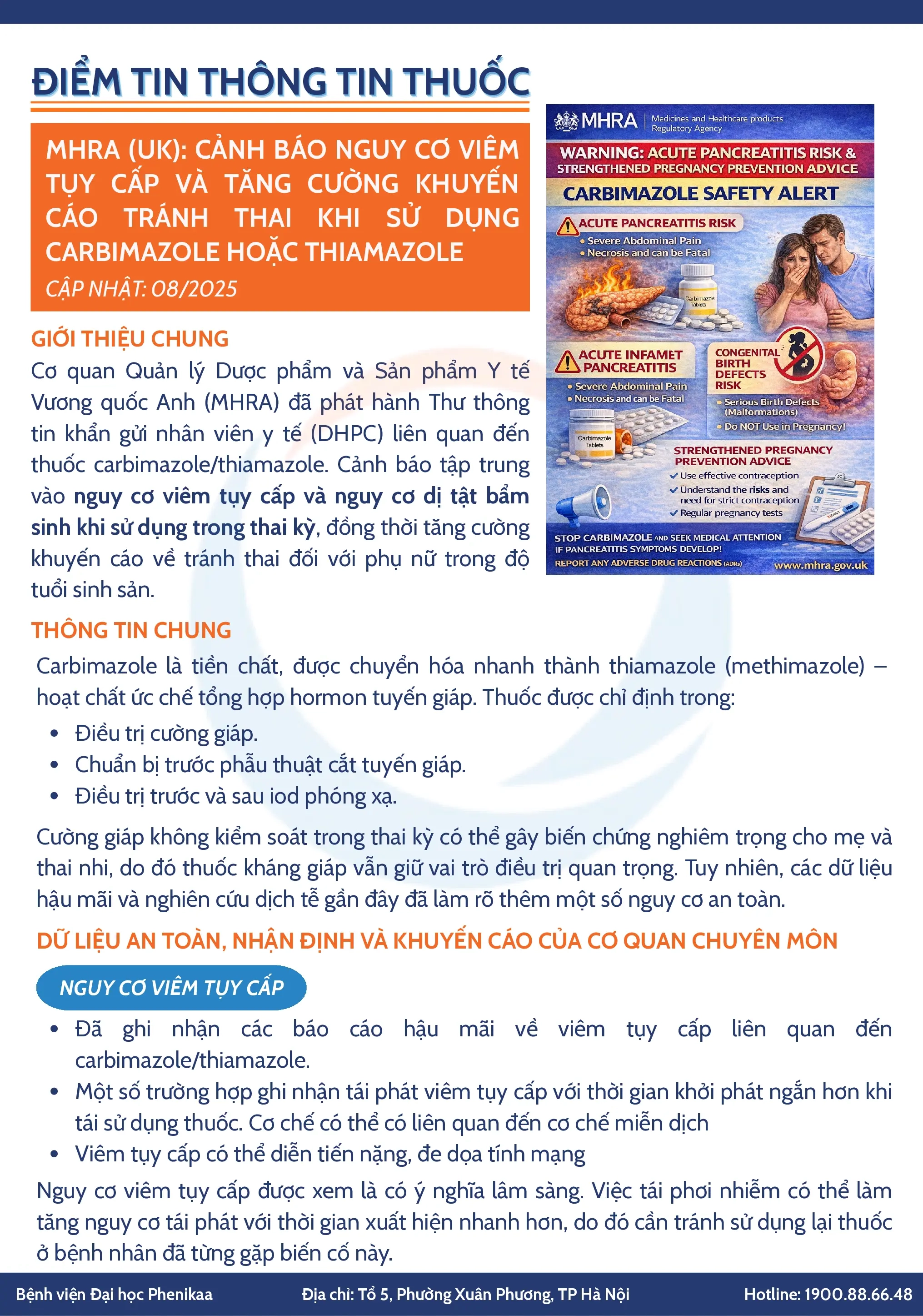 MHRA (UK): CẢNH BÁO NGUY CƠ VIÊM TỤY CẤP VÀ TĂNG CƯỜNG KHUYẾN CÁO TRÁNH THAI KHI SỬ DỤNG CARBIMAZOLE HOẶC THIAMAZOLE