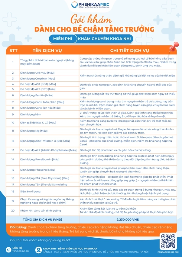 bảng giá chi tiết Gói khám dành cho bé chậm tăng trưởng