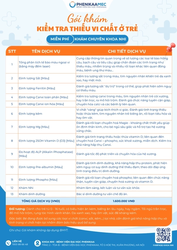 bảng giá gói kiểm tra thiếu vi chất ở trẻ (0-16 tuổi)