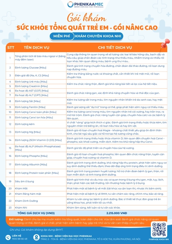 Bảng giá Gói khám sức khỏe tổng quát trẻ em nâng cao
