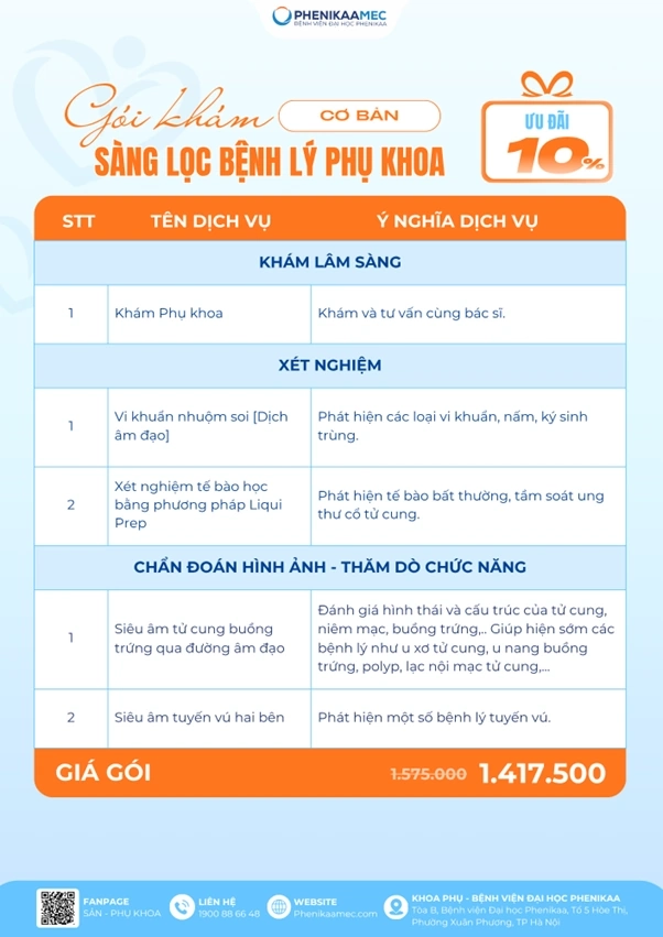 Bảng giá Gói sàng lọc bệnh lý phụ khoa cơ bản