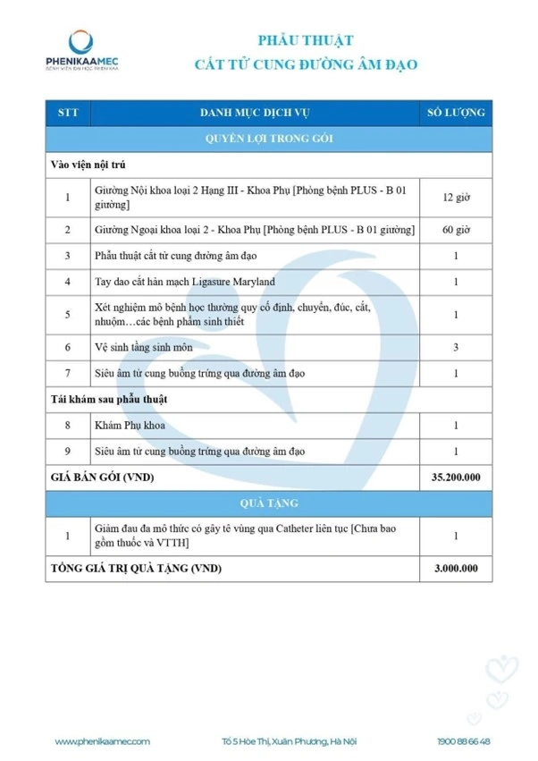 Bảng giá Gói phẫu thuật cắt tử cung đường âm đạo