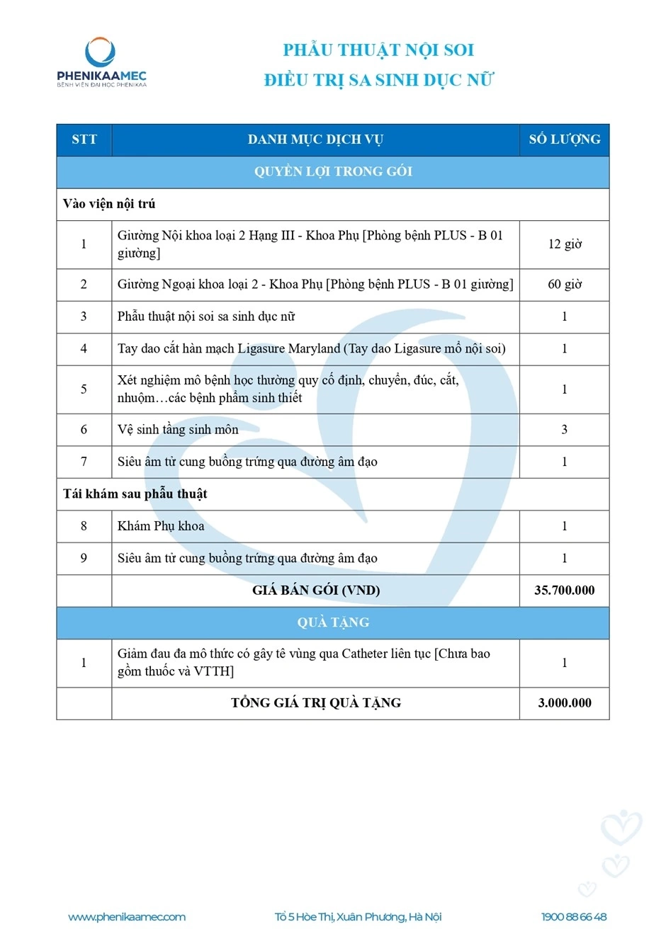 bảng giá gói phẫu thuật nội soi sa sinh dục nữ
