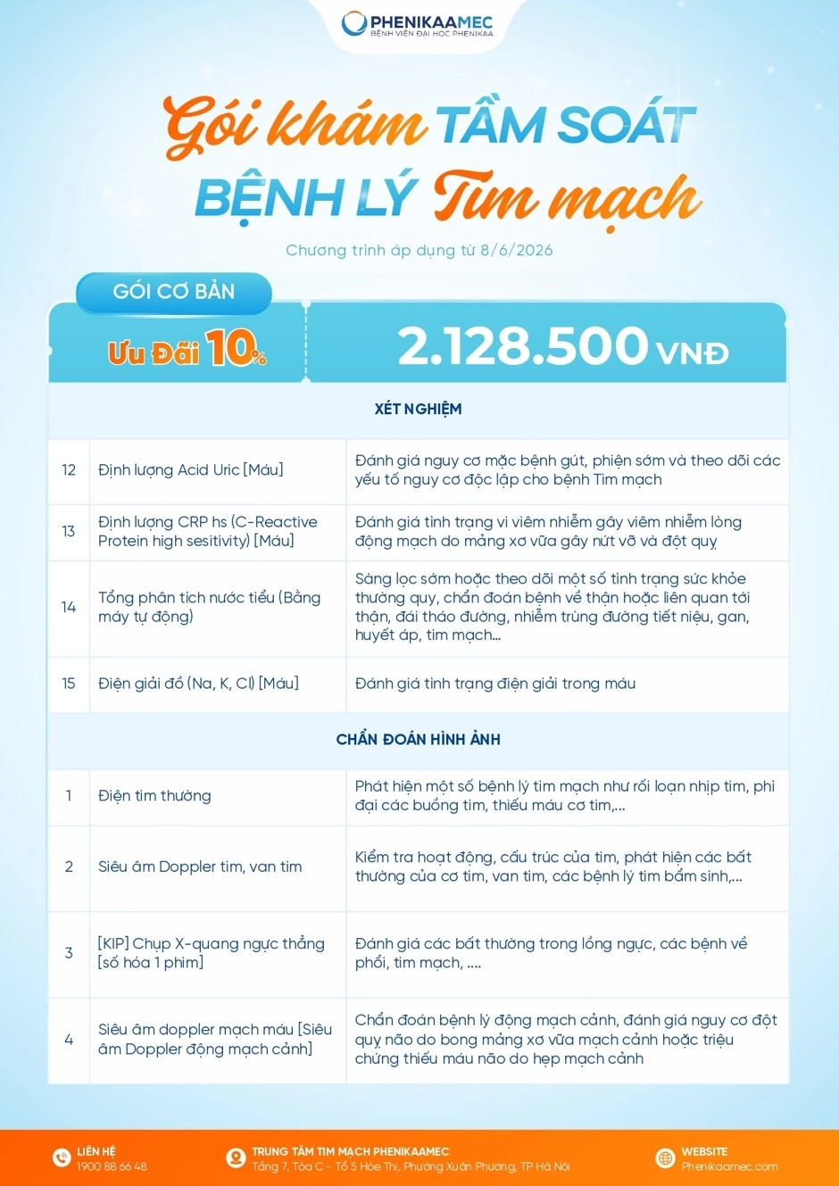 Bảng giá Gói khám sức khỏe tầm soát bệnh lý tim mạch cơ bản