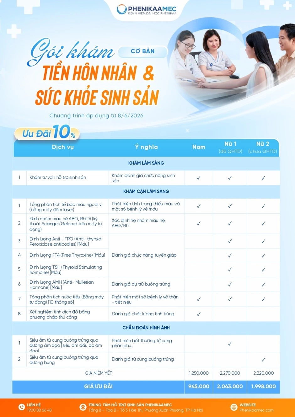 Bảng giá gói khám tiền hôn nhân