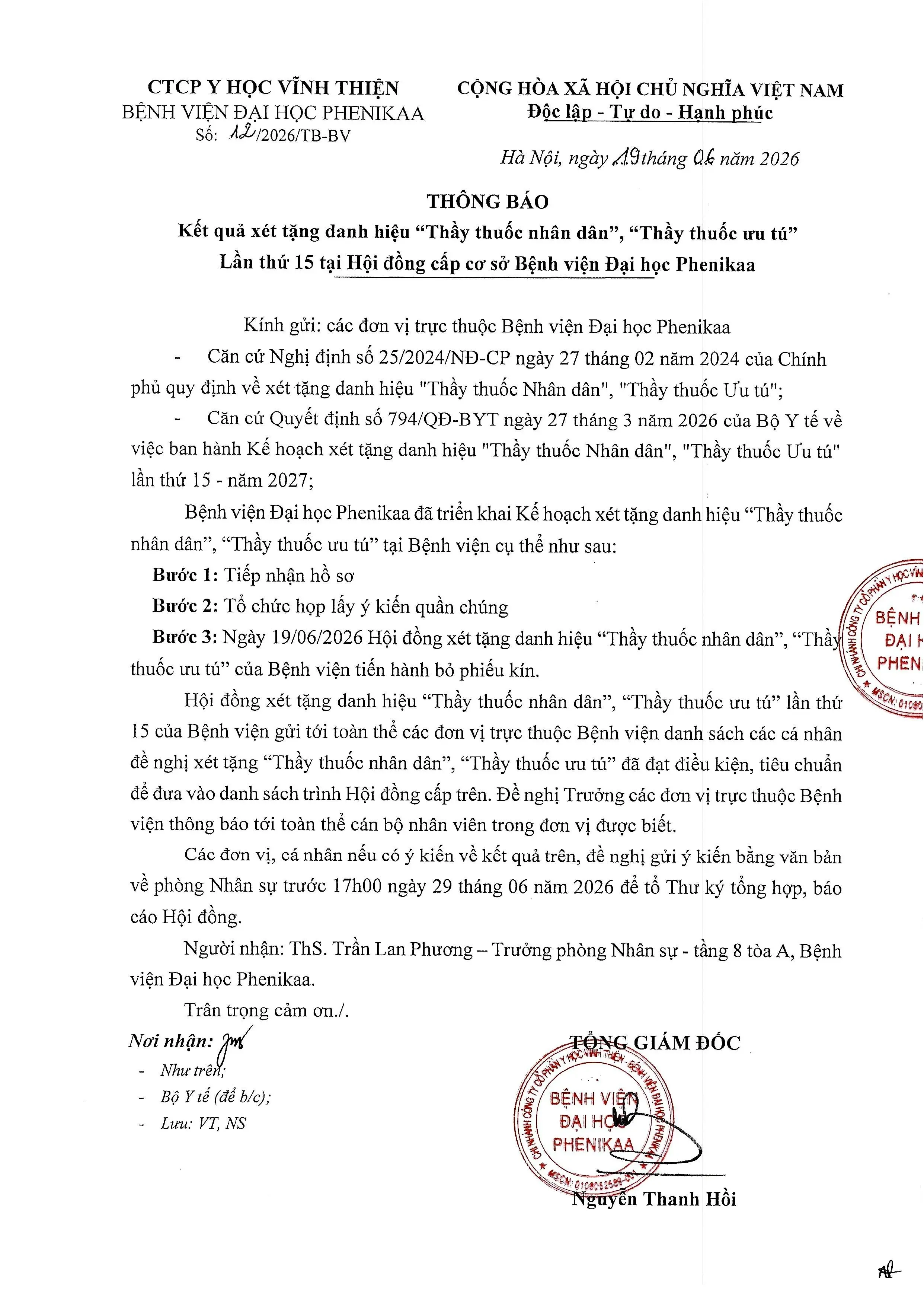 thong bao ket qua xet tang danh hieu Thay thuoc nhan dan, Thay thuoc u tu lan thu 15 tai Hoi dong cap co so 1