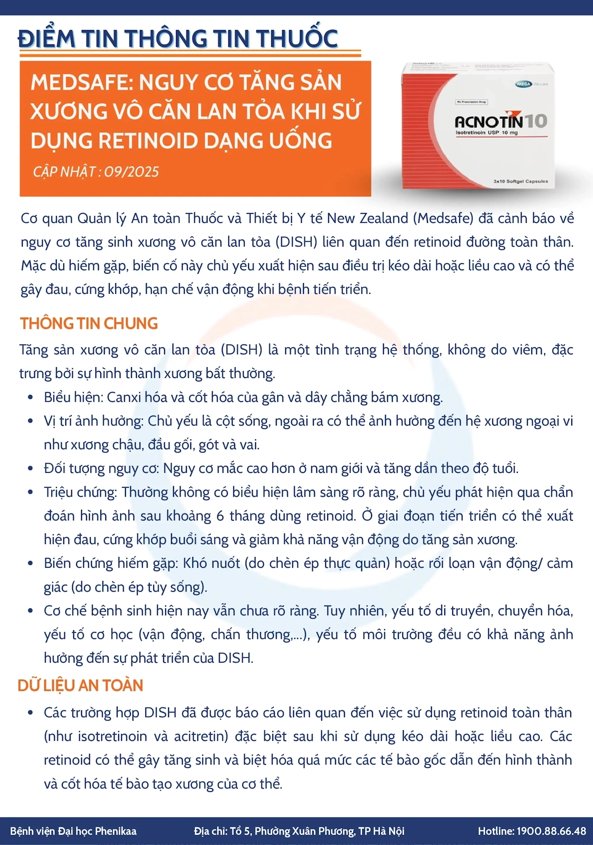 MEDSAFE: Nguy cơ tăng sản xương vô căn lan tỏa khi sử dụng Retinoid dạng uống