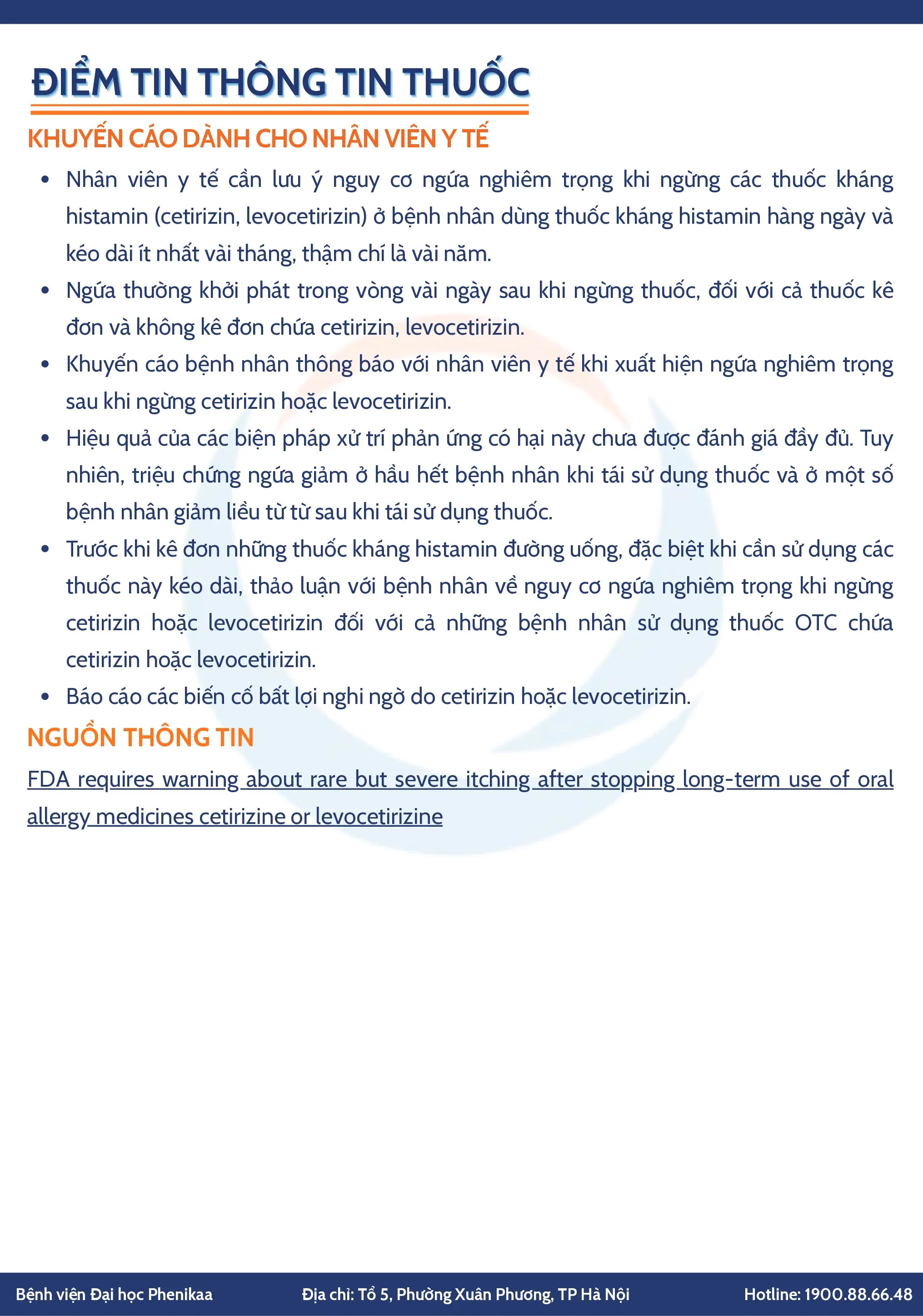 FDA: Cảnh báo về nguy cơ ngứa nghiêm trọng khi ngừng thuốc kháng Histamin đường uống (Cetrizine, Levocetirizine) sau đợt điều trị kéo dài