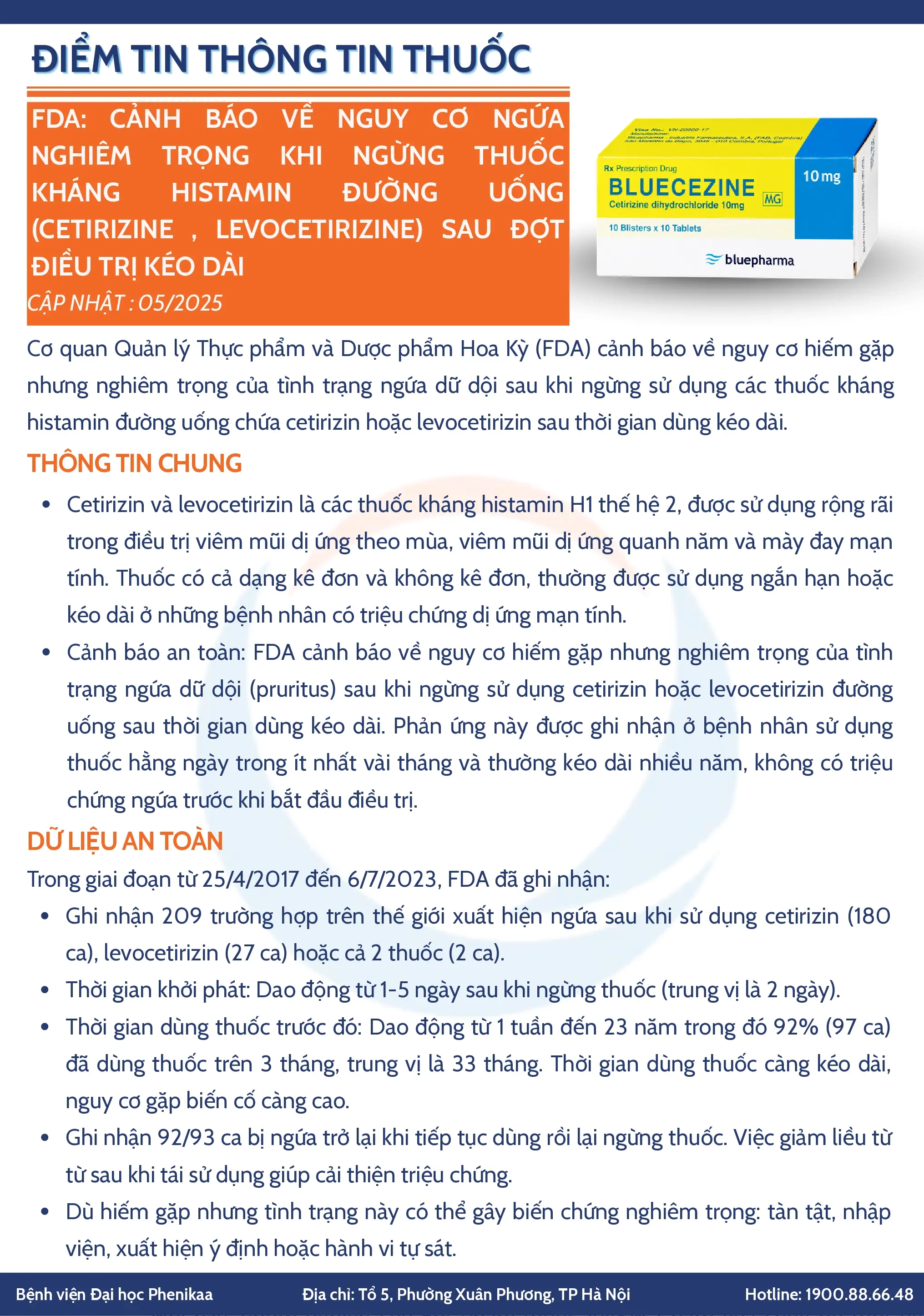 FDA: Cảnh báo về nguy cơ ngứa nghiêm trọng khi ngừng thuốc kháng Histamin đường uống (Cetrizine, Levocetirizine) sau đợt điều trị kéo dài