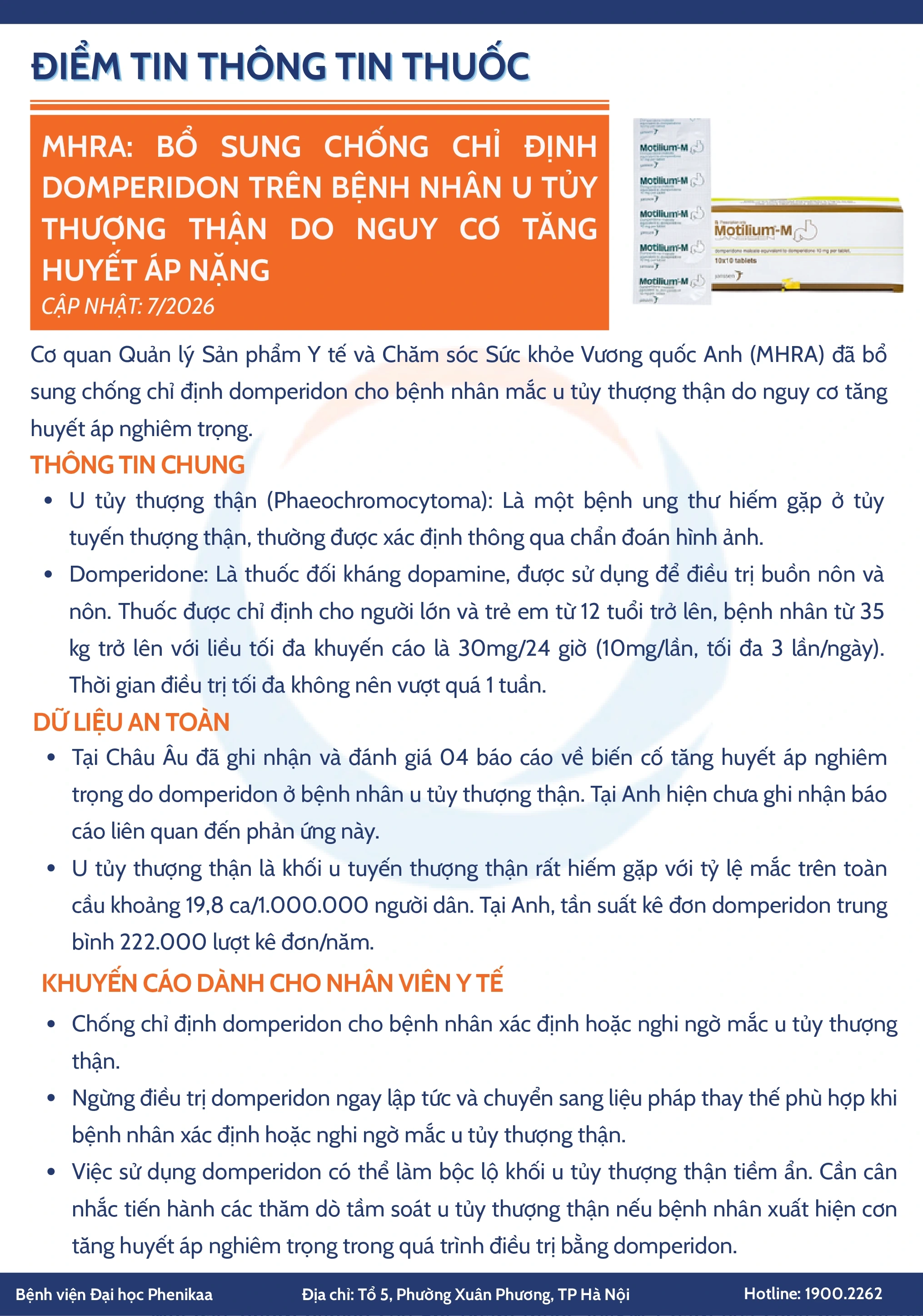MHRA: Bổ sung chống chỉ định Domperidon trên bệnh nhân u tủy thượng thận do nguy cơ tăng huyết áp nặng