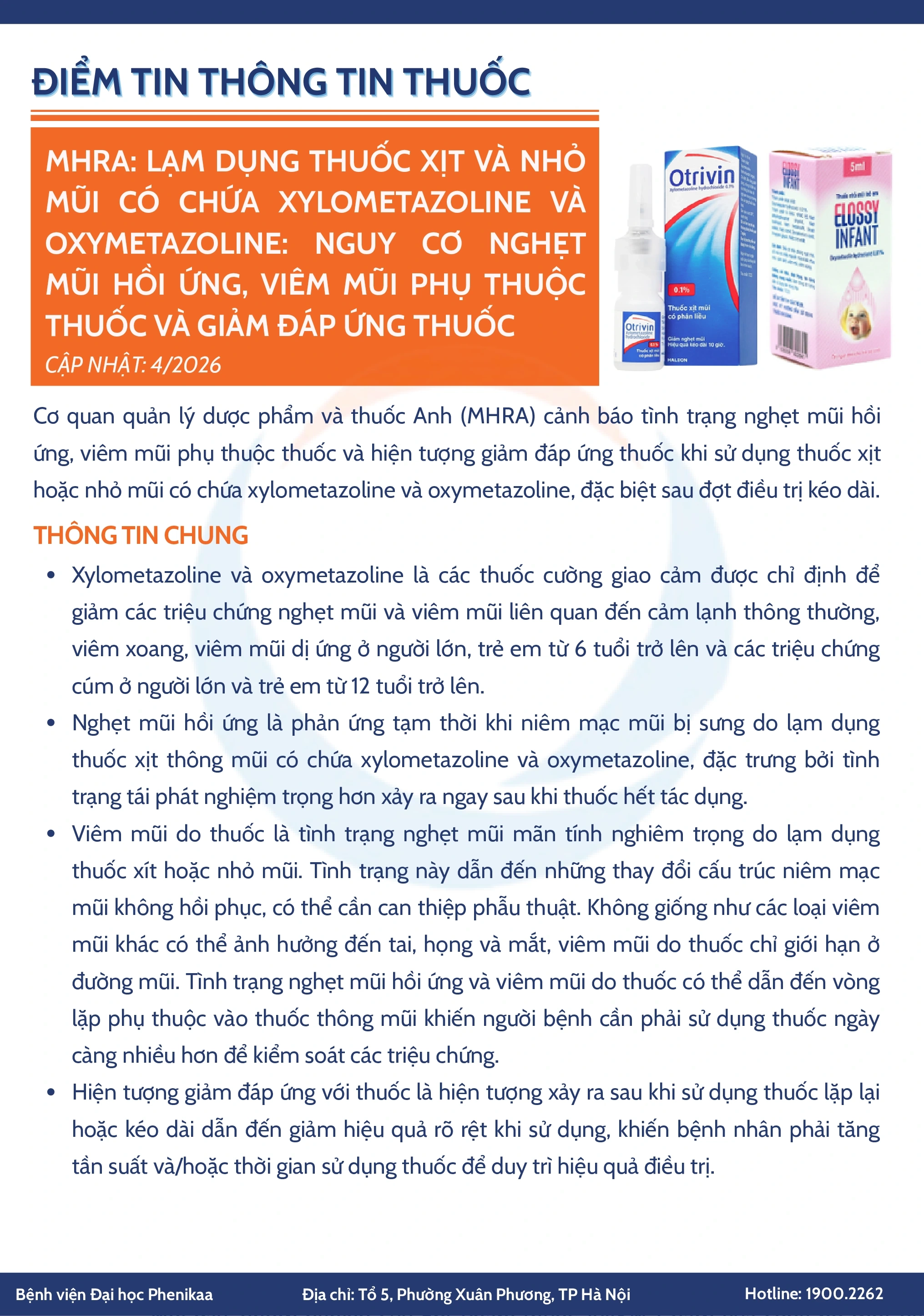 MHRA: Lạm dụng thuốc xịt và nhỏ mũi có chứa Xylometazoline và oxymetazoline: Nguy cơ nghẹt mũi hồi ứng, viêm mũi phụ thuộc thuốc và giảm đáp ứng thuốc