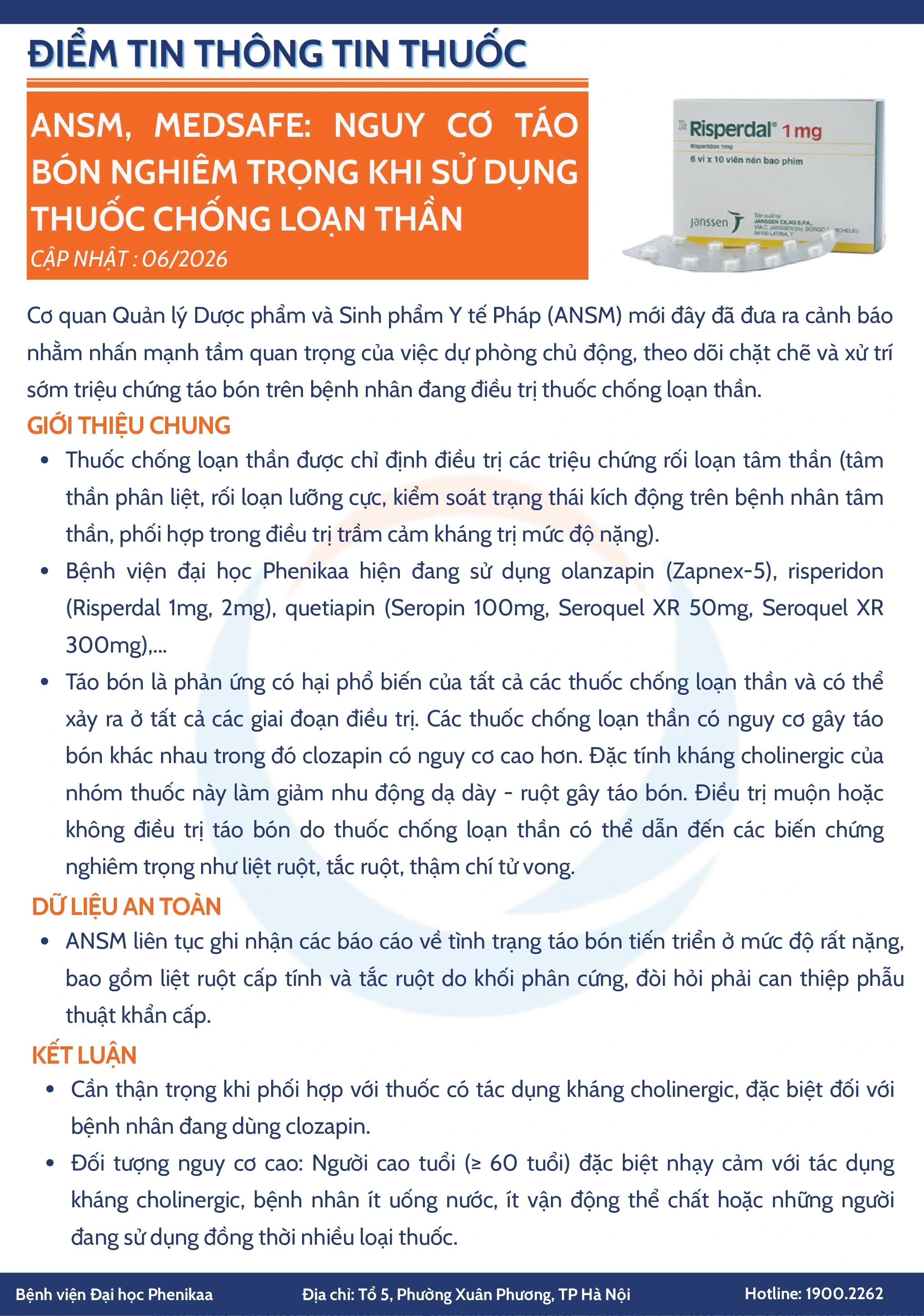 ANSM, MEDSAFE: Nguy cơ táo bón nghiêm trọng khi sử dụng thuốc chống loạn thần